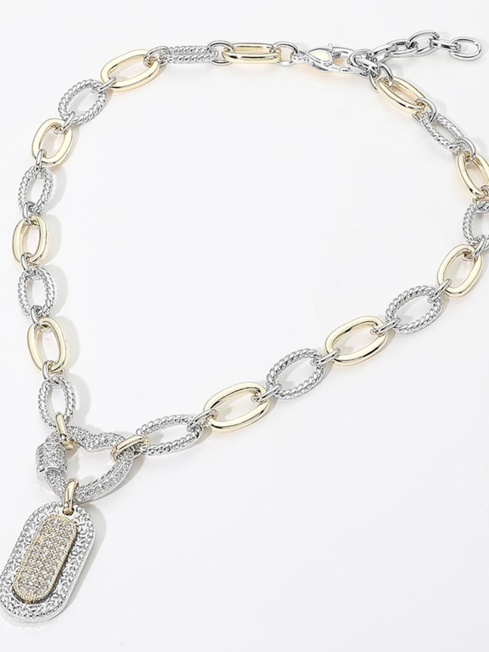 Two-Tone Gold & Silver Pavé Bling Dog Tag Pendant Chain Necklace